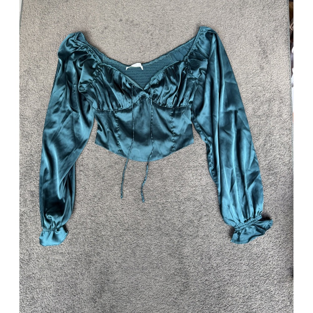 Altar'd State Emerald Green Satin Corset Top Smocked Back Bishop Sleeve Medium
